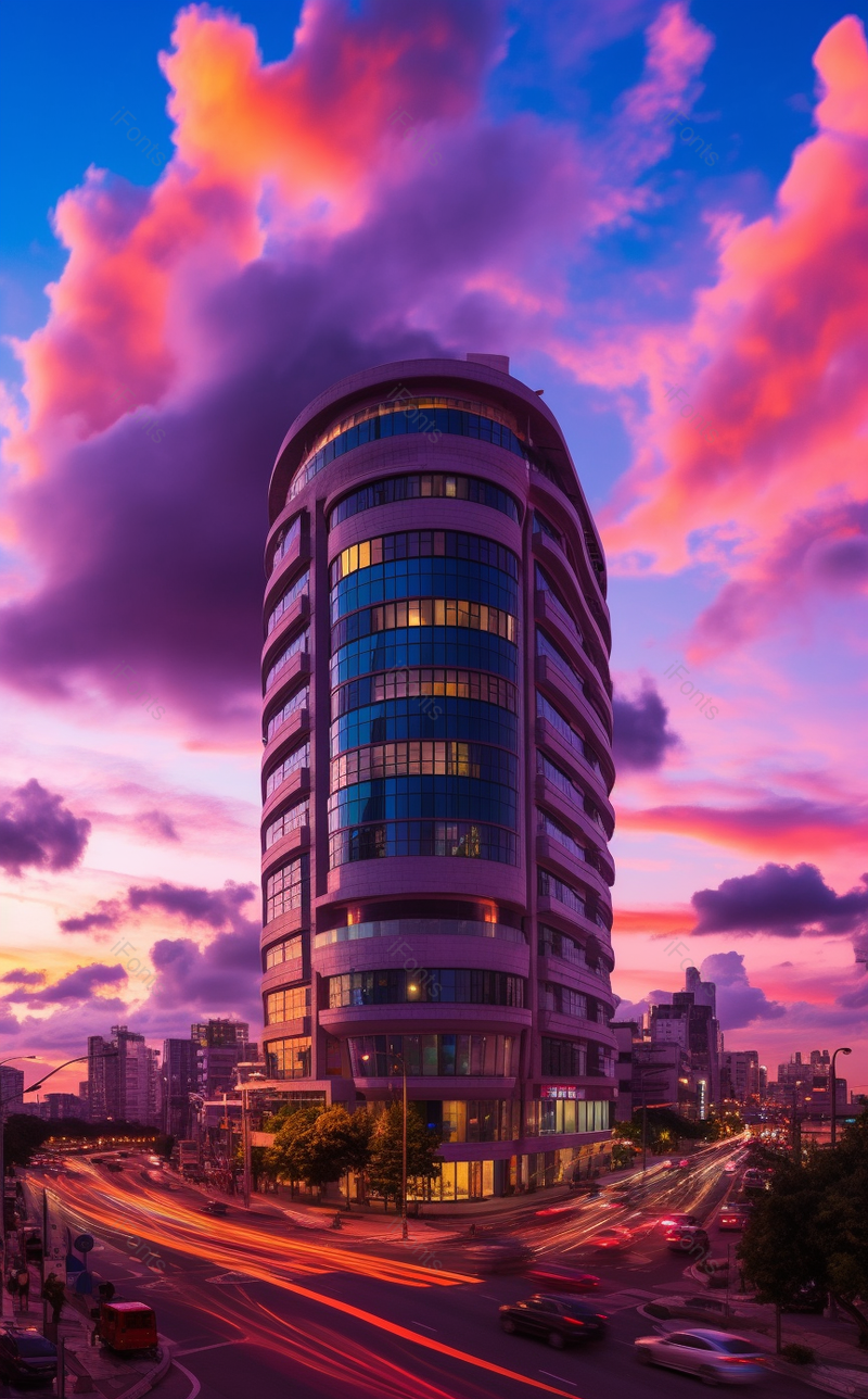 十字路口橙色夕阳晚霞蓝天云彩酒店办公楼商务科技车流延时拍摄实拍,高清,摄影图,摄影图片,图片大全,摄影图免费下载